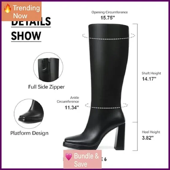 Knee High Boots Women's Vegan Leather Chunky Heel Side Zip Square Toe